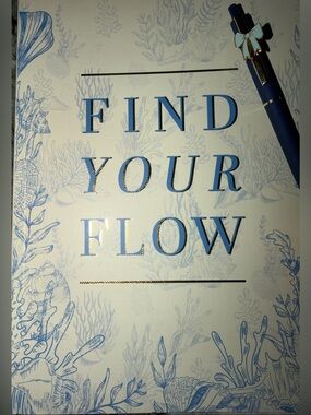 “Find Your Flow” Blue & White Notebook with Navy blue and light blue Bow Pen.
